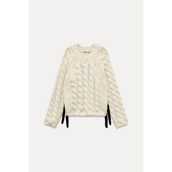 Zara Sweaters - Cream Zara Side Vents Ties Chunky Knit Long Sleeve Pullover Sweater (NWT)